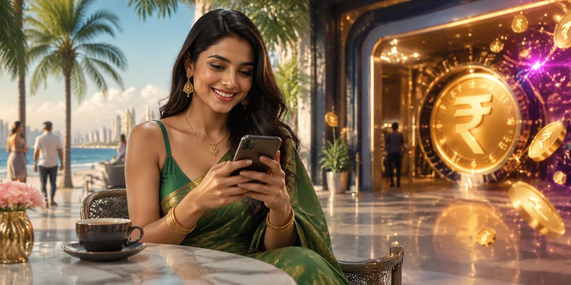 Indian lady playing casino slots on mobile in traditional attire